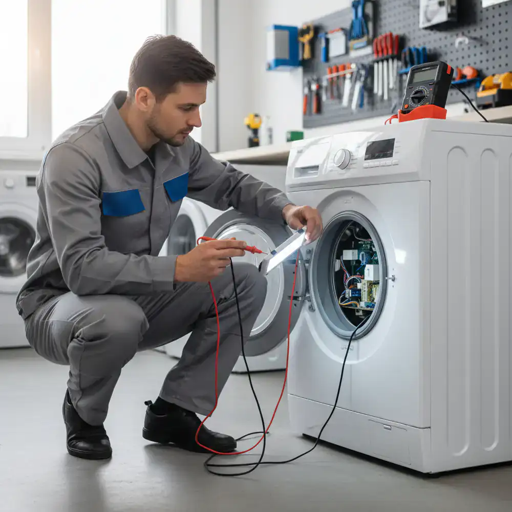 Monteur van RepairFlow onderzoekt een geopende wasmachine