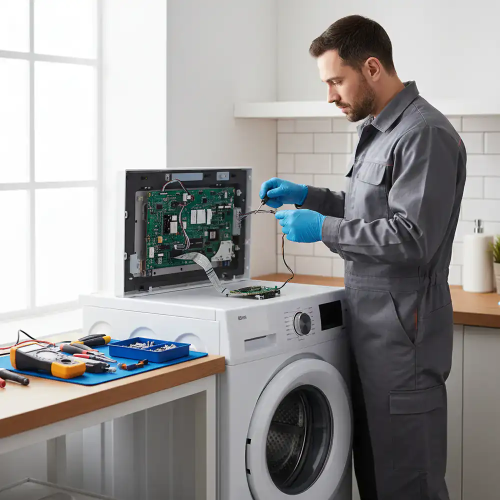 Monteur repareert het paneel van een moderne wasmachine
