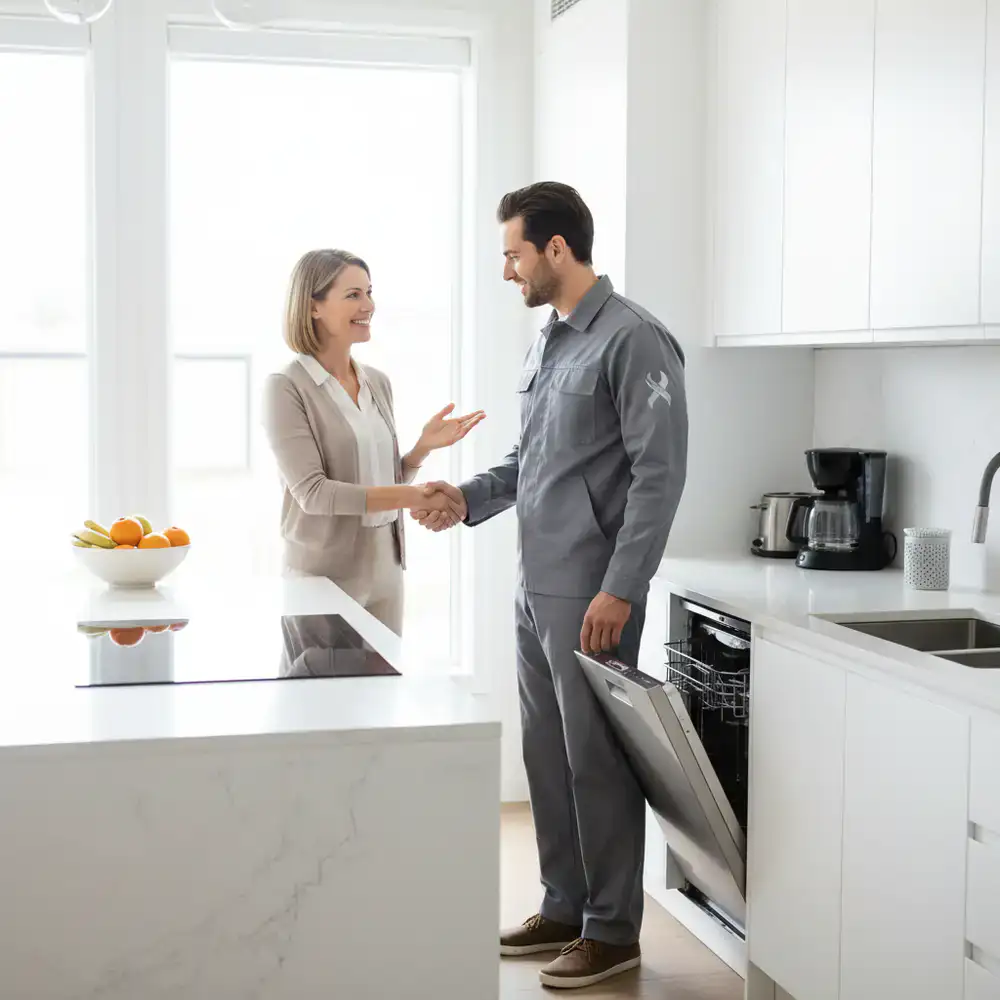 Monteur bespreekt de succesvolle reparatie met een tevreden klant in de keuken